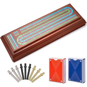 Wooden Cribbage Board Game Set with Large Storage Area,9 Metal Pegs & 2 Playing Cards Continuous Solid Wood 3 Track Board Travel Portable Cards Games for Adults Family
