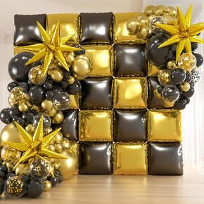 Black and Gold Foil Square Balloon Backdrop Wall With 139pcs Gold Black Latex Starburst Balloons Arch, Double Sided Balloon Tunnel for Birthday 2025 New Year Graduation Party Decoration