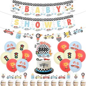 Race Car Baby Shower Decorations with Vintage Race Car Baby Shower Banner and Garland Race Car Welcome Baby Cake Cupcake Toppers for Let’s Go Racing Party Supplies