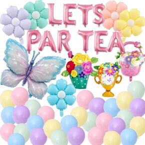 49 Pieces LET'S PAR TEA Balloons Decorations Girls Floral Tea Party Birthday Decor Flower Basket Butterfly Balloons Macaron colored Latex Balloons for Girls Birthday Baby Shower Bridal Party Supplies