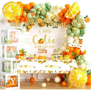 123 PCs Little Cutie Baby Shower Decorations, Hombae Orange Citrus Theme Baby Shower A Little Cutie Is On The Way Backdrop Balloon Garland Glitter Banner Tablecloth Cake Cupcake Topper Box Cutout Sash