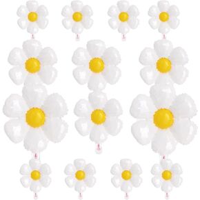 14 Pieces Large Daisy Flower Balloons Set - 3 Sizes White Flower Shaped Aluminum Foil Balloon for Daisy Birthday Decorations, Baby Shower, Wedding, Groovy Boho Daisy Party Supplies