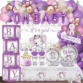 Elephant Baby Shower Decorations for Girl, Purple Elephant Baby Girl Shower Decorations, It's a Girl Backdrop Tablecloth Balloon Garland Arch BABY Box Mom to Be Sash Dad to Be Pin