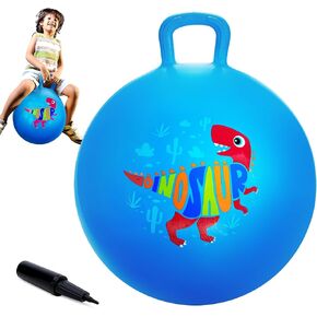 Dinosaur Hopper Ball, 18 Inch Bouncy Ball with Handle for Kids Aged 3-8, Inflatable Jumping Toys for Boys Girls, Blue Hopping Toys with Pump