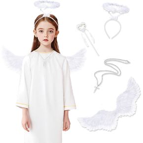 Angel Costume for Girls Angel Wings Necklace Wand Headband Set for Kids Halloween Dress Up Cosplay