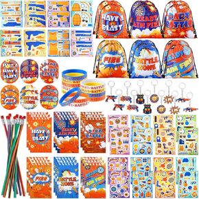 110 Pcs Dart Battle Party Favors Back to School Gifts Includes Dart Party Favor Bags Silicone Wristbands Badges Notebook Keychain Stickers Bendable Pencil for Birthday Baby Shower Gift