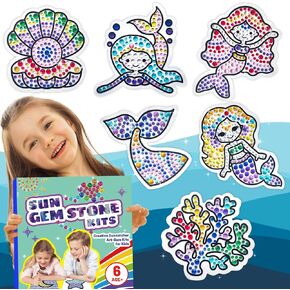Yazhiji 6 Sheets Diamond Window Art Craft Kits for Kids, Suncatcher Kit for Ages 6 7 8 9 10 Flower Sun Dolphin DIY Painting Kit for Girls or Boys Ages 6+ Gemstone Sticker as Christmas Party Decor