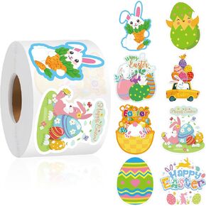 ADXCO 500 Pieces Easter Stickers Self-Adhesive Easter Egg Bunny Roll Sticker Waterproof Sticker Roll Gift Envelope Gift Card Seal for Easter Party Supplies Decorations, 8 Design