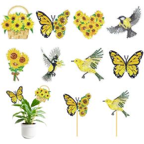 Zaamwoyy 8 Pcs Flower Diamond Painting Kits Garden Decor for Adults Butterfly Stakes Birds Art Kits Craft Supplies Indoor Outdoor Garden Yard Decoration