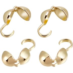 Beebeecraft 1 Box 100Pcs Bead Tips 14K Gold Plated Brass Open Bead Tips Knot Cover Tiny Clamshell Fold-Over Culotte Ends Caps for Knots & Crimp Findings Jewelry Making, 4.5mm Inner Diameter