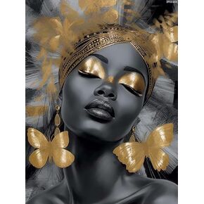 IPISSOI Diamond Painting African American Black Woman Fashion Gold Makeup Black Women Kit for Adults Full Drill Diamond Art Painting by Number Kits Gem Art Wall Home Decor 12x16in