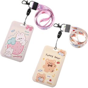 2pcs حامل بطاقة ضوئية لطيف ، حاملي شارة معرف الحيوانات الكرتونية المنزلق مع حامل بطاقة صور Long Lanyard Bear لبطاقات الائتمان بطاقة الهوية