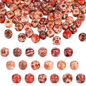 200 Pcs Painted Wooden Hair Beads, Round Loose Wooden Bead for Braids, Various Patterns Wood Balls Beads Wood Spacer Beads Macrame Beads for DIY Necklace Bracelet Hair Making