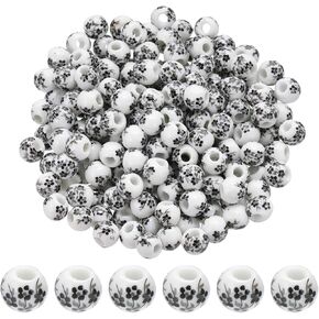 PATIKIL 200 Pcs Porcelain Beads, 8mm Printed Ceramic Beads Round Flower Beads Handmade Spacer Beads for Jewelry Making Earring Necklace DIY Crafts, Brown
