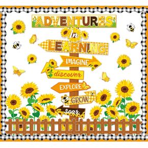 60 Pcs Sunflower Bulletin Board Set Spring Adventures Classroom Decorations Adventures in Learning Bulletin Board Sunflower Signpost Paper Cutouts for Spring Summer Classroom Decor Supplies