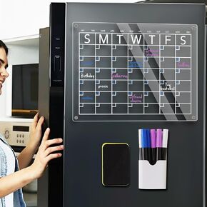 Magnetic Acrylic Fridge Calendar with 6 Markers, Magnetic Holder, and Duster Monthly Dry Erase Planner Board for Healthy Diet Plan
