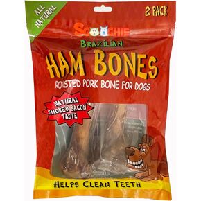 Scoochie Pets Brazilian Smoked Ham Bone for Dogs - All-Natural Roasted Dog Treats with Bacon Flavor - Long-Lasting Dog Bones for Dental Health - Durable Chew Toy for Large and Small Breeds