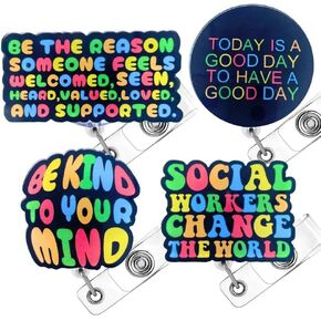 4 PC Social Worker ID Name Tag Badge Reel Holder Retractable Clip | Mental Health Awareness Social Work & Workers Badges Charm Gifts for Women | Best Social Worker Gift, Supplies & Accessories