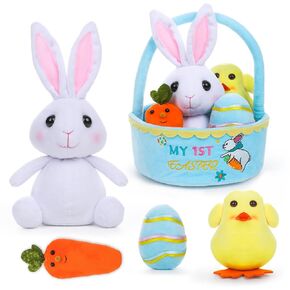 My First Easter Basket Playset - 5ct Stuffed Plush Bunny Chick Carrot Eggs Fillers Toy, Easter Toys for Baby Boys and Girls Party Favors Stuffers