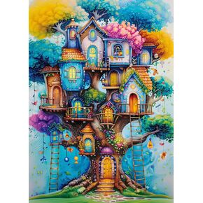 Magical Tree House Jigsaw Puzzle 1000 Piece for Adult, Colorful Plant Art Painting Jigsaw Puzzles, Rainbow Nature Aesthetic Puzzle