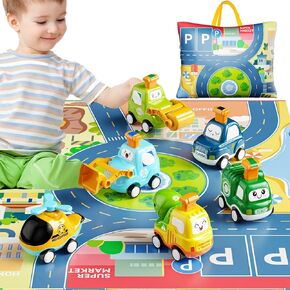 Press and Go Car Toys for Toddlers 1-3, 6 Pack Baby Toy Car Set with Play Mat for Boy, Push Go Friction Vehicle Toys for Infants, One First Birthday Gifts for 1 2 3 Year Old Boys Girls