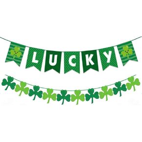 Green Lucky St Patrick's Banner - Glitter Shamrock Banner for Saint Patrick's Day Irish Party ، Lucky Banner for Mantel Indoor Decor