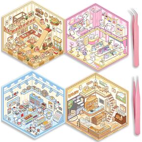 4 Sets DIY 3D Sticker Scene Isometric Miniature Room Stickers Therapy for Kids Adults, Cute Make Your Own House Stickers for Gifts, Paint by Sticker Restaurant Supermarket Bakery Fashion Store (A Set)