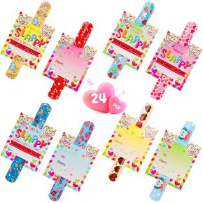 Valentines Day Gifts For Kids, 24Pcs Valentines Day Slap Bracelet With 24pcs Cards, Valentines Day Cards For Kids Classroom, Fidget Toys Bulk For Class Gift Exchange, School Game Prizes