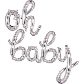 Cursive OH Baby Silver Letter Foil Mylar Balloons Banner Birthdays Party Decorations Supplies Small 16 Inch Baby Shower