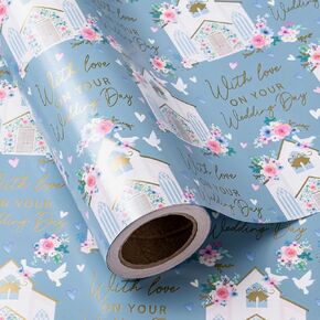 WRAPAHOLIC Wedding Wrapping Paper Roll - Mini Roll - 17 Inch x 33 Feet - Silver Foil Diamond Ring and Wedding Day Lettering Design Perfect for Wedding, Celebration, Party
