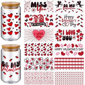 ReliThick 12 Sheets of Valentine's Day UV DTF Cup Wrap Transfer Sticker for Glass Valentine's Day Rub on Transfers for 16 oz Glass Cup Transfers for Furniture Waterproof Decals for DIY Crafts(Bright) in Kuwait