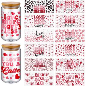 ReliThick 12 Sheets of Valentine's Day UV DTF Cup Wrap Transfer Sticker for Glass Valentine's Day Rub on Transfers for 16 oz Glass Cup Transfers for Furniture Waterproof Decals for DIY Crafts(Bright)