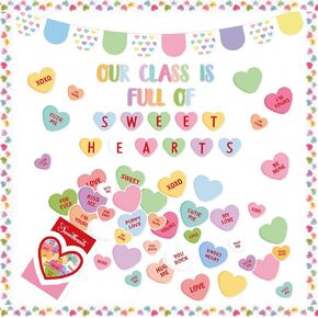 130Pcs Valentine’s Day Conversation Heart Bulletin Board Classroom Decoration Set, Sweet Candy Heart Cutouts Banner Name Tags, School Classroom Chalkboard Wall Decor Valentines Party Supplies