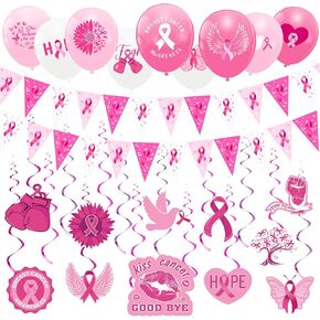 Libima 101 Pcs Breast Cancer Awareness Decorations, Pink Ribbon Hanging Swirls Cancer Awareness Pennant Banner Cancer Survivor Latex Balloon for Cancer Free Public Charity Activity Party Decor Supply