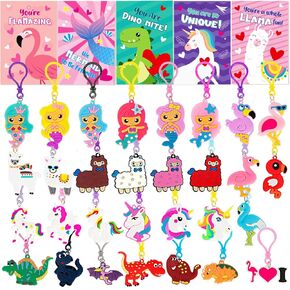 Valentines Day Gifts for Kids, 30 Pack Valentines Cards for Kids Classroom School with Keychain, Unicorn Dinosaur Flamingo Mermaid Llama for Classroom Gifts Exchange, Valentines for Kids Party Favors