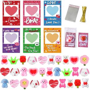 30 Pack Valentines Day Cards for Kids with Mochi Squishy Toys Kids Valentine Gifts Greeting Cards School Classroom Exchange Game Prizes Party Favors for Boys & Girls
