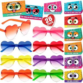 Jyusmile Valentines Day Cards for Kids School - 28 Packs Heart Shaped Glasses for Kids with Funny Cards, Valentines Day Exchange Gifts for Kids, School Classroom Birthday Party Favors for Boys Girls