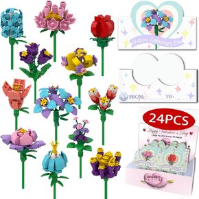 Easter Day Gifts for Kids, 24 Packs Tiny Plants Succulent Flower Bonsai Building Blocks Kits with Greeting Cards for School Classroom, Toys for 3+ Years Girls Boys, Valentine Party Exchange Favor