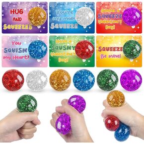 24 Packs Valentine's Day Cards with Glitter Stress Squishy Balls Toy for Classroom Exchange, Valentine's Gifts Party Favors for Boys Girls School, Valentine's Prizes for School