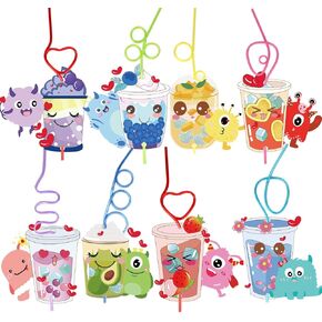 32 Pack Valentines Day Cards for Kids School with Crazy Straws, Unique Valentines Day Gifts for Kids Classroom Exchange, Fun Colorful Kids Valentines Day Cards Party Favors Game Prizes