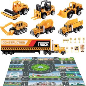 TEMI Toddler Toys for 3 4 5 6 Years Old Boys, Die-cast Construction Toys Car Carrier Vehicle Toy Set w/Play Mat, Kids Toys Truck Alloy Metal Car Toys Set for Age 3-9 Toddlers Kids Boys & Girls