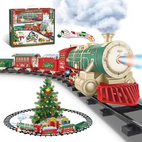 JUQU Train Set for Boys -Remote Control Train Toys-Electric Train w/Smokes, Steam Locomotive w/Lights & Sound, Cargo Car and Tracks, Rechargeable Battery Christmas Toy Train for Age 3 4 5 6 7 8+ Kids
