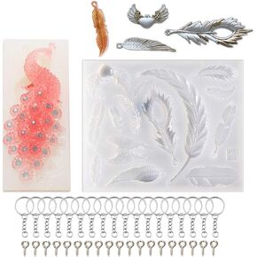 ResinPro 120Pcs/Set Peacock & Feather Resin Silicone Molds for Making DIY Keychains Crafts Beading Pendant Jewelry Tool Resin Casting Mold