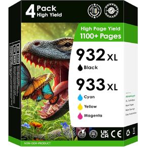 4 Pack Ink Cartridges 932XL 933XL. Works with HP 6600 6700 7610 7612 7510 7110 6100. Combo 932 933 (Black, Cyan, Magenta & Yellow)