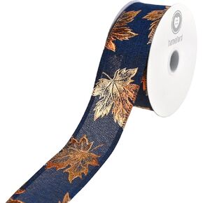 Homeford Copper Accent Fall Leaves Wired Ribbon, 1-1/2-inch, 10-Yard, Blue
