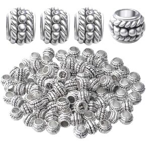 BronaGrand 50pcs Antique Silver Large Hole Spacer Beads, Barrel Shape, 7.3*7.5*4mm