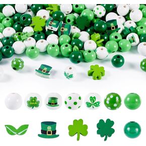 Cheriswelry 200Pcs St. Patrick's Day Wood Beads Green Polished Wood Spacer Bead Farmhouse Wooden Beads 9-16mm for Patrick Day Home Party Decoration DIY Crafts Garland Lanyard