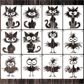 Bird Cat Stencils for Painting on Wood, Cartoon Stencils for Crafts Reusable Wood Burning Drawing Art Animal Paint Stencils and Patterns for Wall Cake Cookie Canvas Furniture Paper (12 Cartoon)
