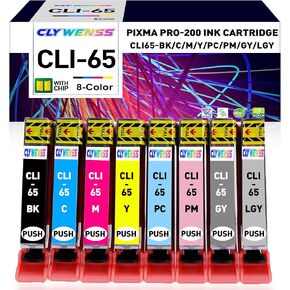 Remanufactured CLI-65 Eight Color PK Ink Cartridges Replacement for Canon CLI-65 CLI65 Ink for Canon PIXMA PRO-200 PRO-200S Printer (1BK 1C 1M 1Y 1PM 1PC 1GY 1LGY)