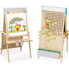 WINGYZ Kids Easel Wooden Marble Run for Kids, 4-in-1 Toddler Art Easel for 3+ Painting Station Stand Drawing, Double-Sided 6 Heights Black Chalkboard Magnetic Whiteboard Paper Roll Holder